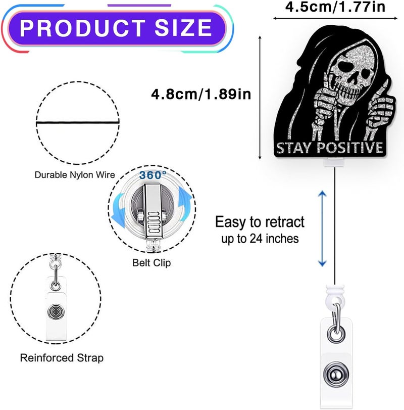 LEBEIGHT Funny Halloween Badge Reel Retractable for Nurse Doctor Healthcare Worker & Nursing Student | Stay Positive Horror Spooky Badge Holder with Alligator Clip & 24”Durable Nylon Retractable Cord | Acrylic - Image 2